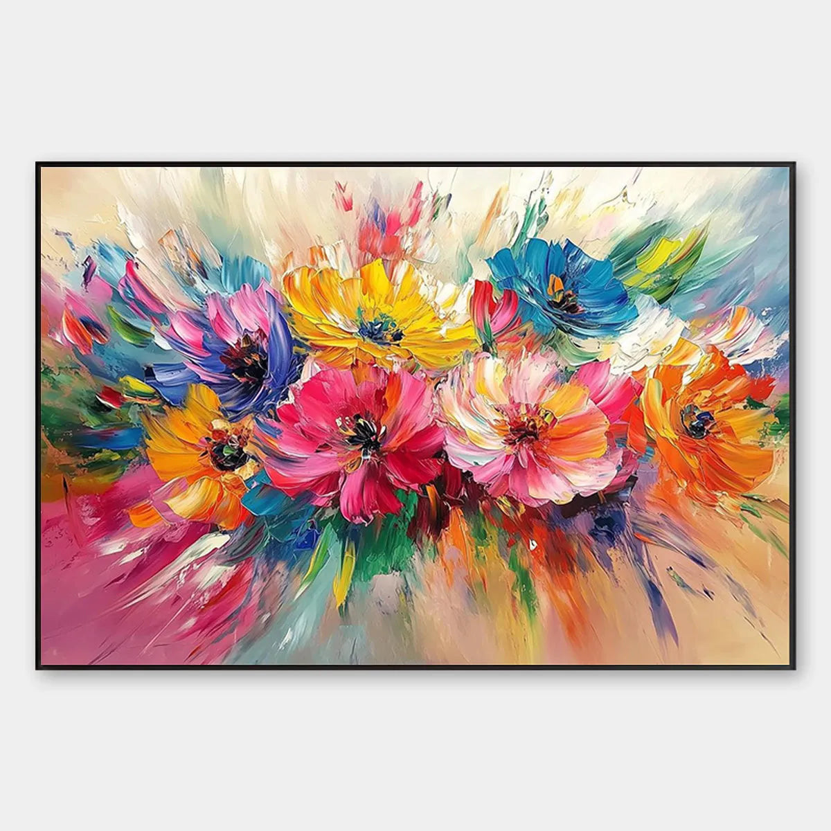Hand-painted colorful floral painting with red, yellow, and purple flowers on canvas, modern abstract design using eco-friendly materials.