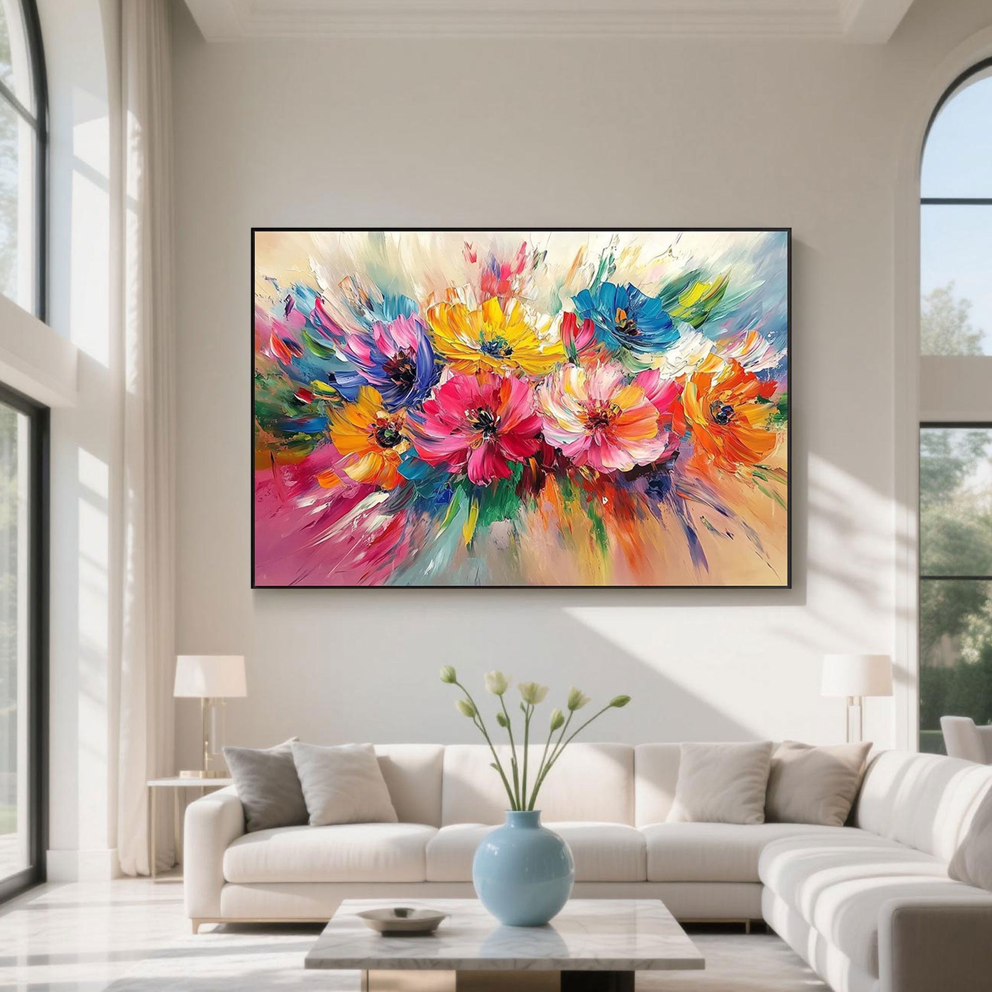 Bright abstract floral canvas art with hand-applied textures and vibrant pigments on museum-grade canvas.