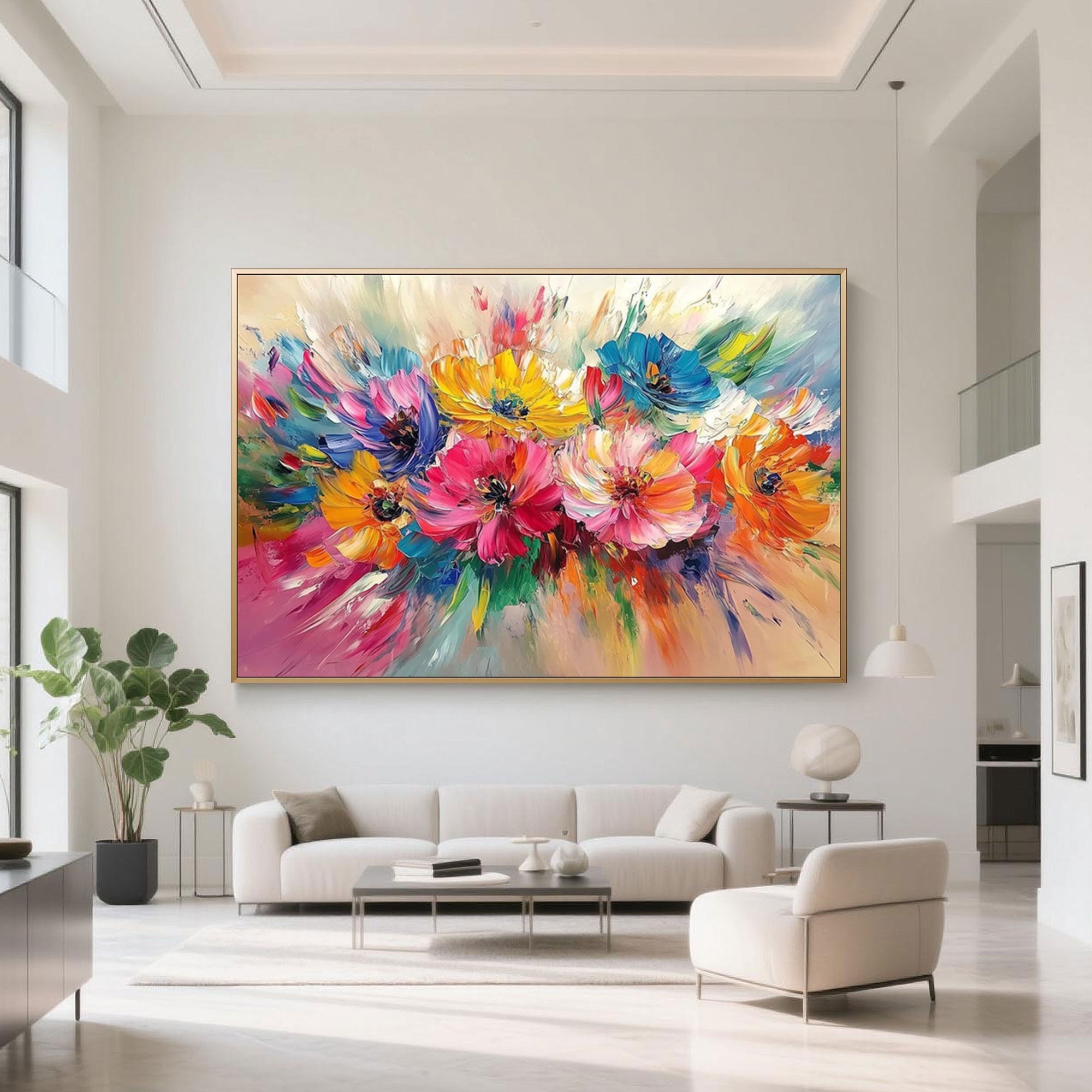 Horizontal colorful flower painting with layered acrylic petals, ideal for contemporary interiors.