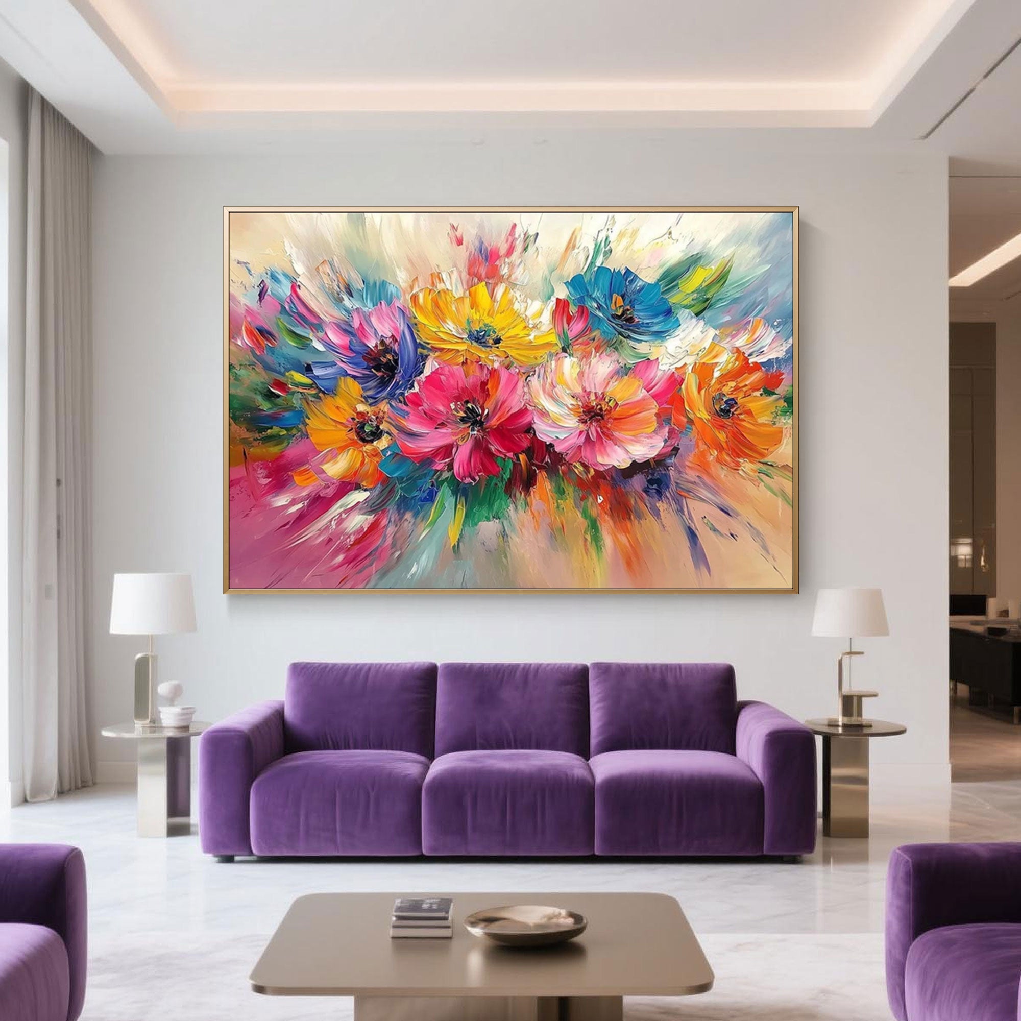 Vivid flower artwork in red, blue, yellow tones, hand-painted with eco-conscious paint, framed and ready to hang.
