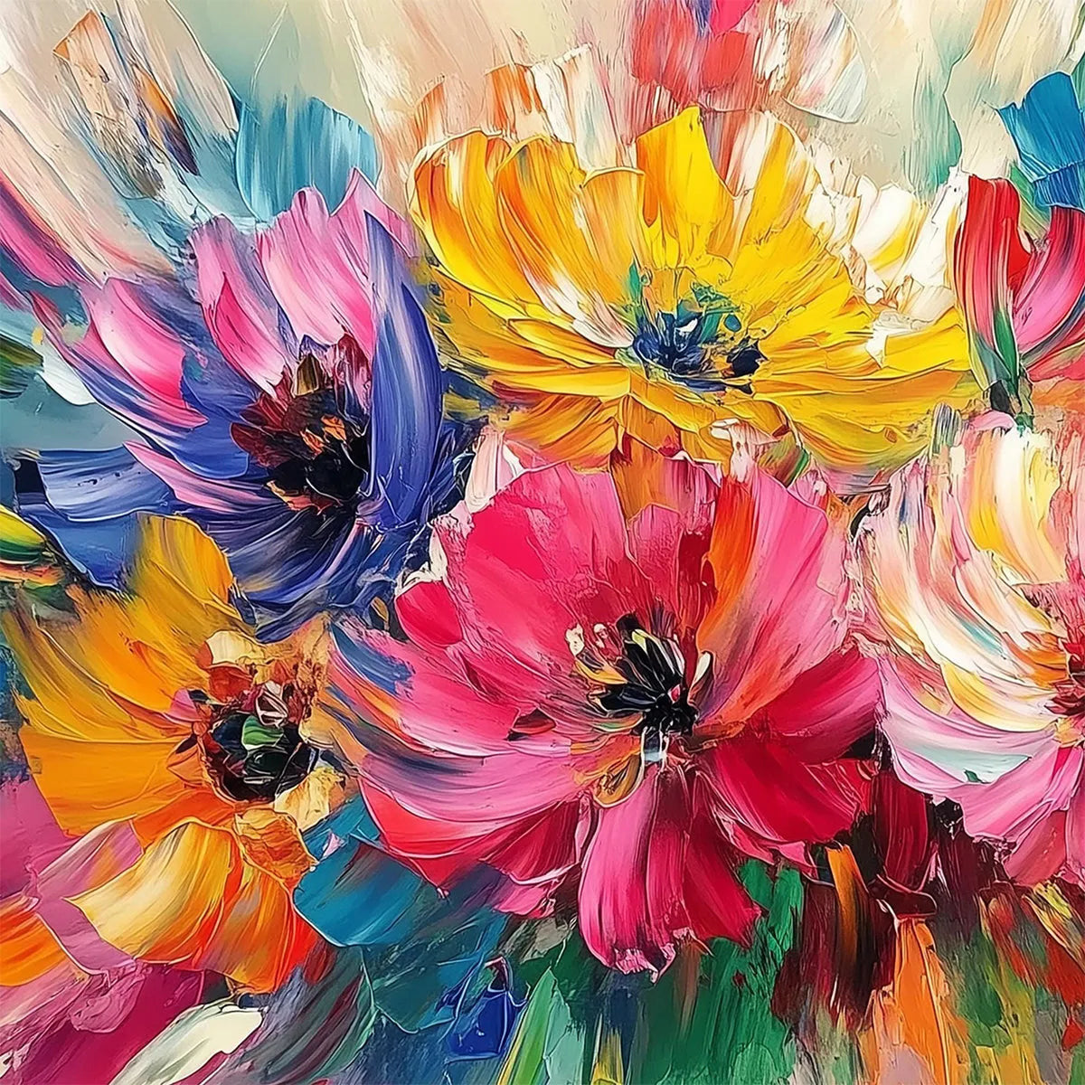 Modern flower wall art featuring expressive brushstrokes in bold rainbow colors, perfect for large living room decor.