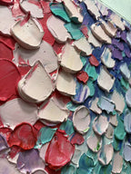 Hand-painted 3D textured abstract floral wall art with thick impasto strokes in red, pink, teal, blue, and purple hues.