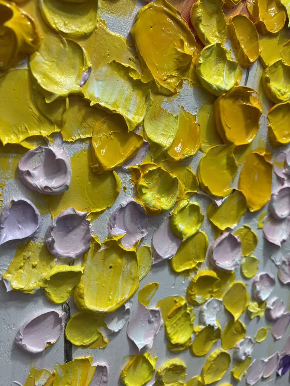 3D textured abstract floral canvas art with yellow lavender petals, museum-quality hand-painted wall art by Lumi Gallery