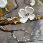 Hand-painted white floral canvas wall art with beige gold accents, modern decor