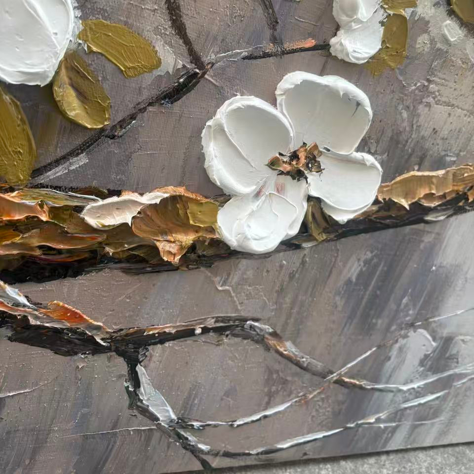 Hand-painted white floral canvas wall art with beige gold accents, modern decor