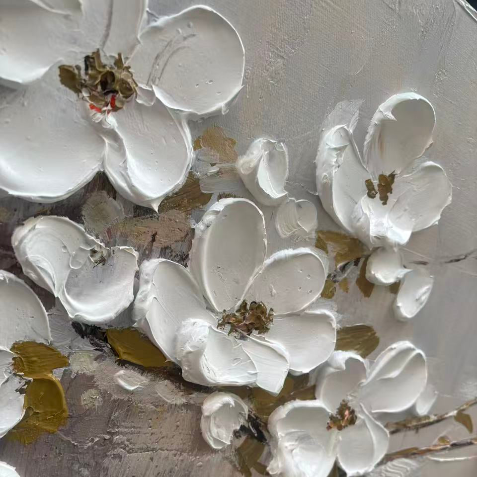Hand-painted white floral canvas wall art 'Silent Grace' with textured petals, beige accents.