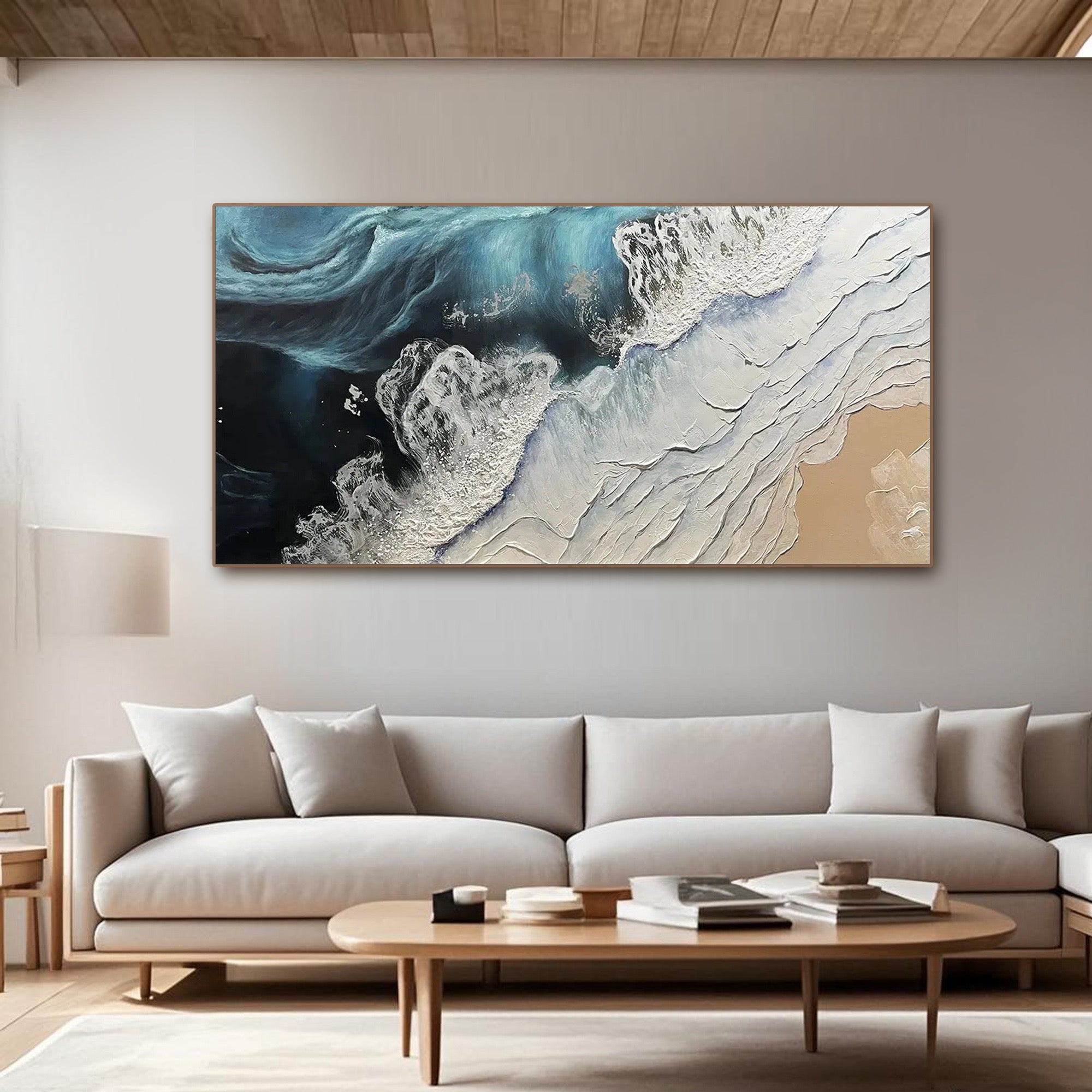 Contemporary abstract seascape capturing wave movement through textured brushstrokes in blue and neutral tones, crafted on museum-quality horizontal canvas