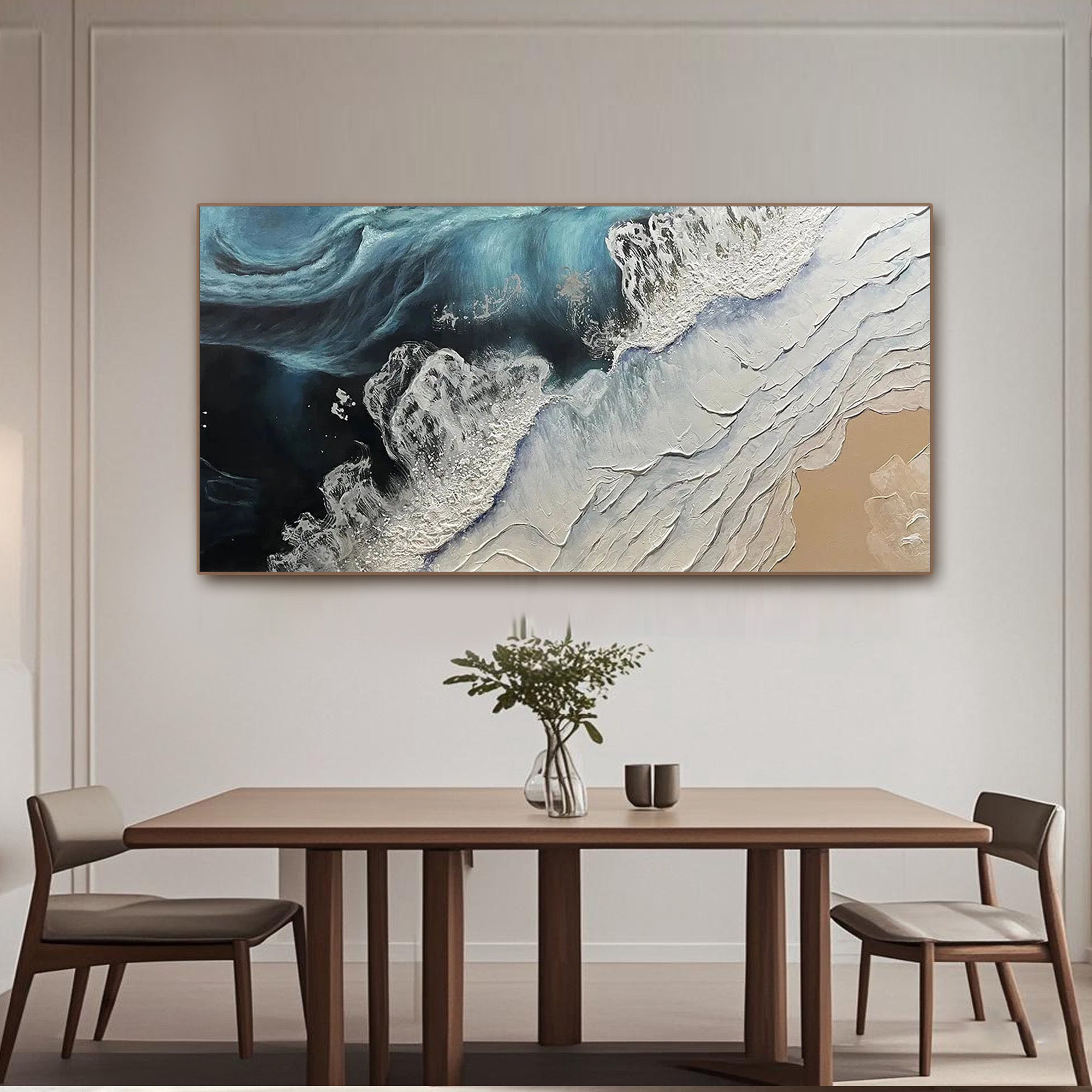 Minimalist abstract ocean wave painting with textured impasto strokes in deep blue and white, hand-painted on museum-grade horizontal canvas using eco-friendly acrylics