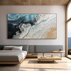Modern ocean-themed wall art with contrasting blue sea and white foamy waves, meticulously hand-painted on premium horizontal canvas using sustainable materials