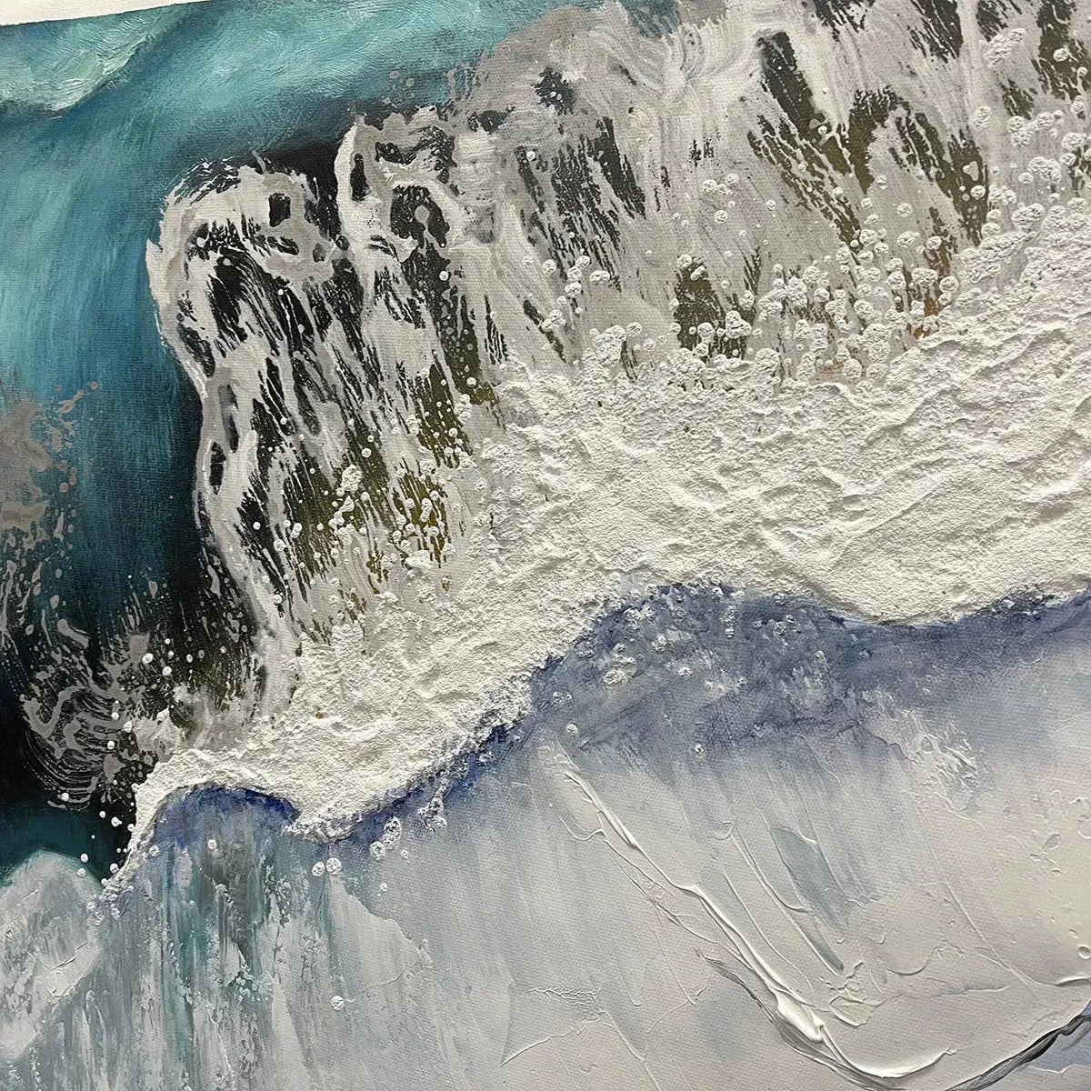 Abstract coastal painting blending cool blue tones with warm beige accents, showcasing hand-painted wave textures on eco-friendly horizontal canvas
