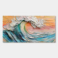 Colorful 3D wave wall art, 'Surge', featuring bold blues and coral hues.