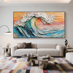 Surge 3D wave painting in a modern living room setting.