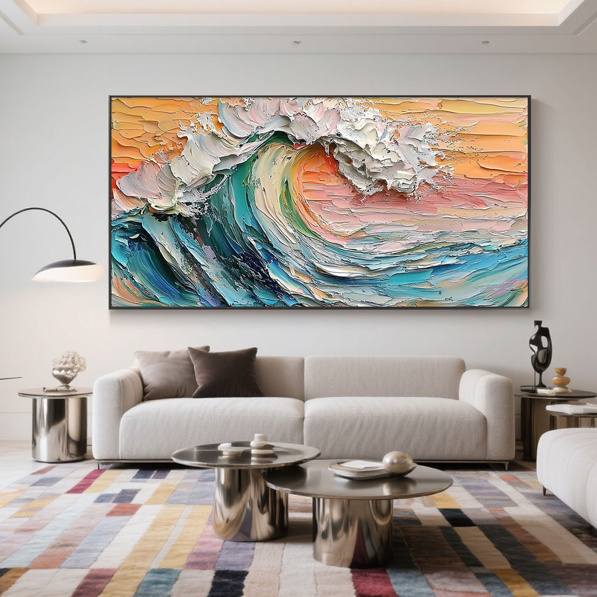 Surge 3D wave painting in a modern living room setting.