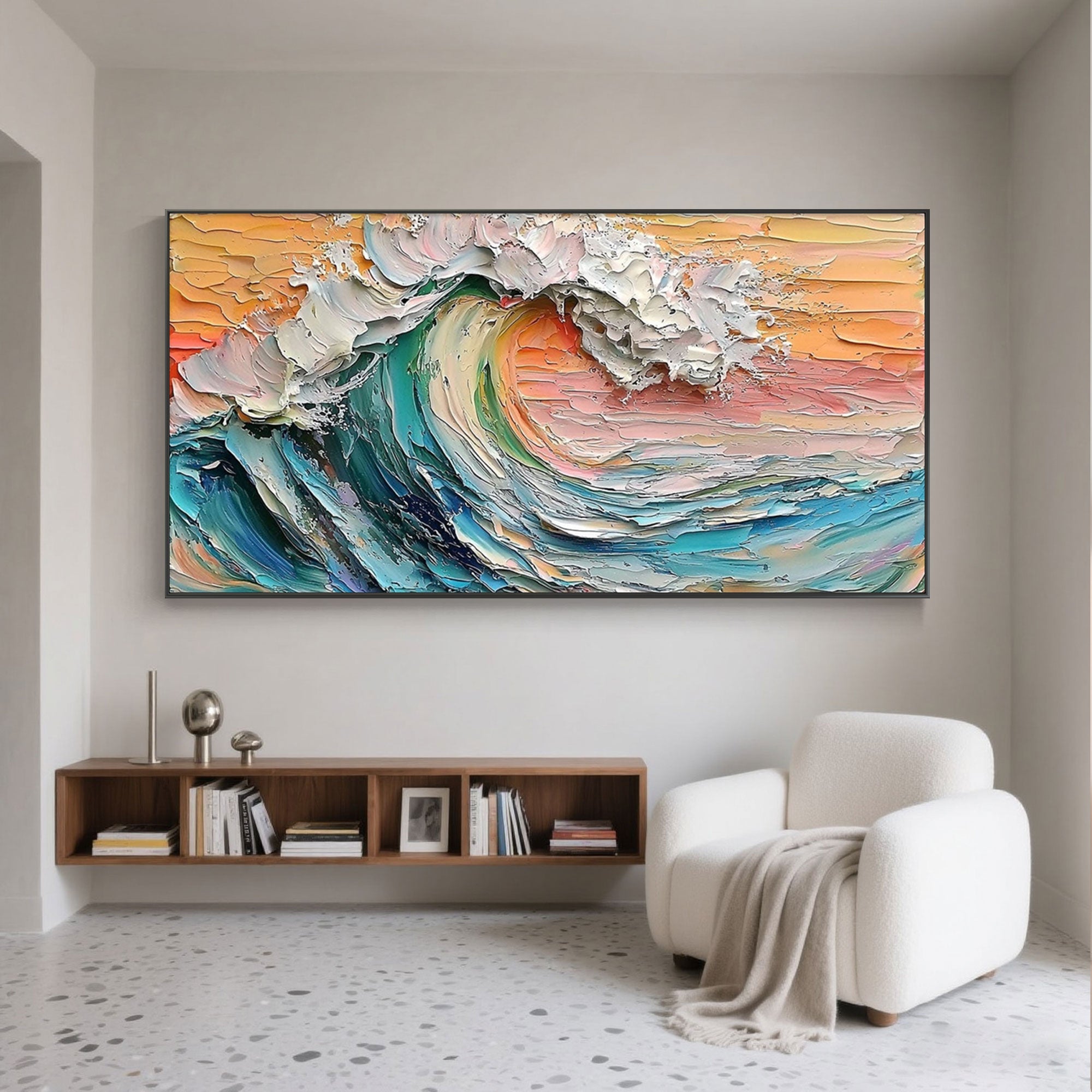 'Surge' 3D wave canvas art displayed in a styled interior.