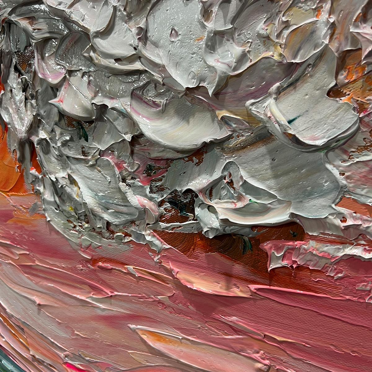 Close-up of the impasto texture on the 'Surge' wave art.