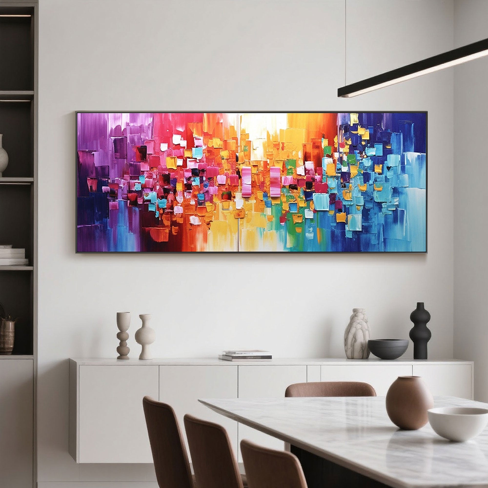 Urban Rhythm colorful abstract painting in a modern living room setting.