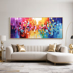 Urban Rhythm abstract canvas art displayed above a modern sofa. Stylish home decor.