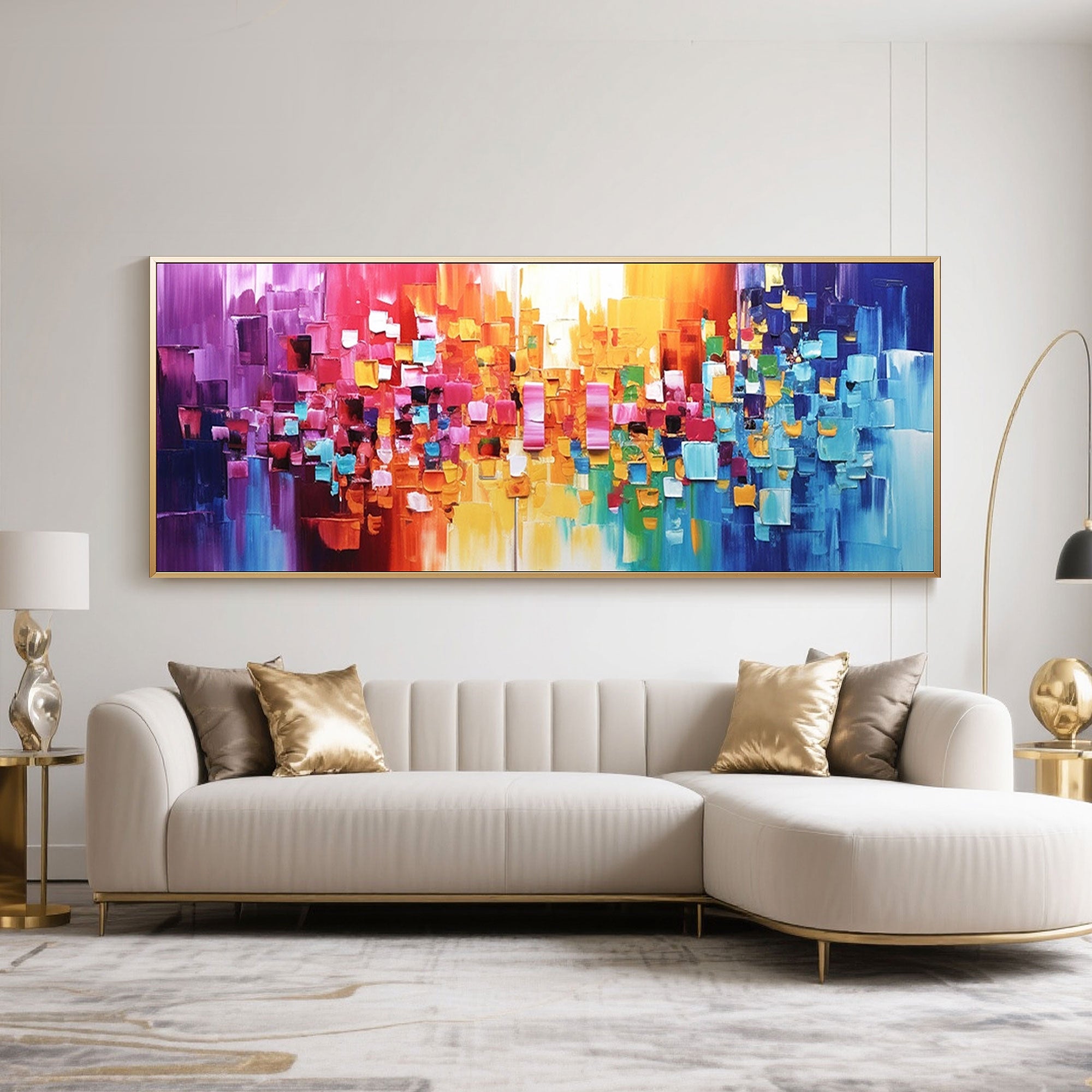 Urban Rhythm abstract canvas art displayed above a modern sofa. Stylish home decor.
