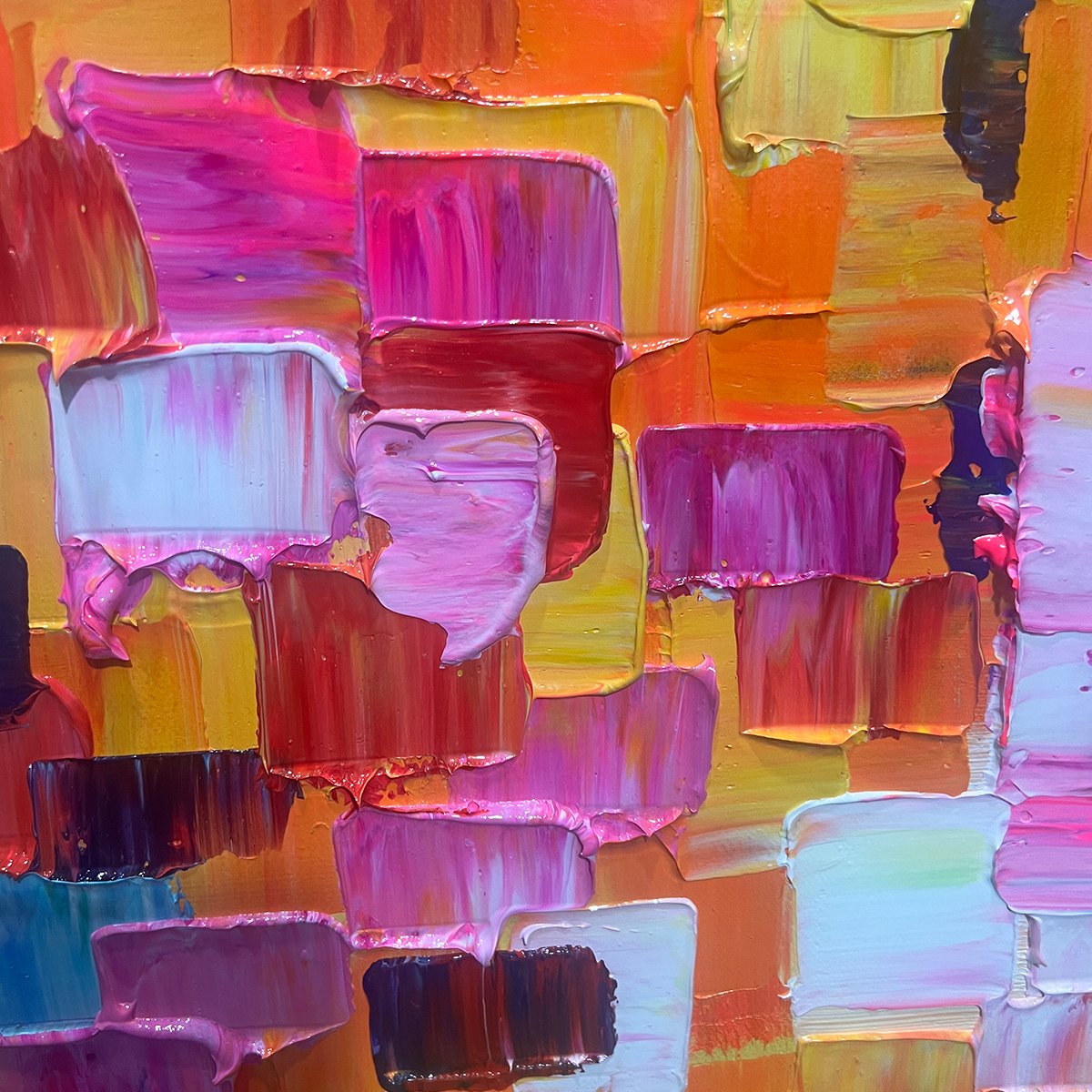 Close-up of the hand-painted texture on the Urban Rhythm abstract art piece.