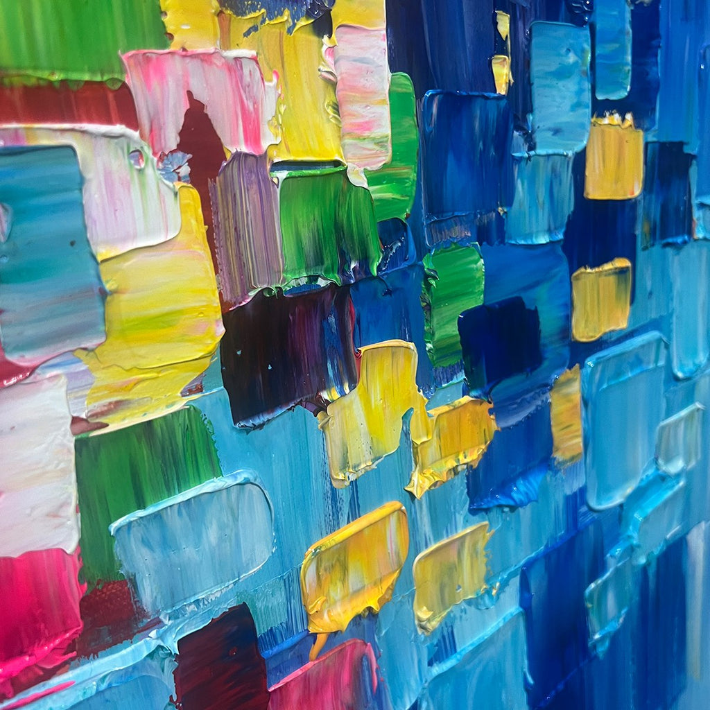 Colorful abstract canvas wall art, Urban Rhythm. A vibrant, hand-painted piece.