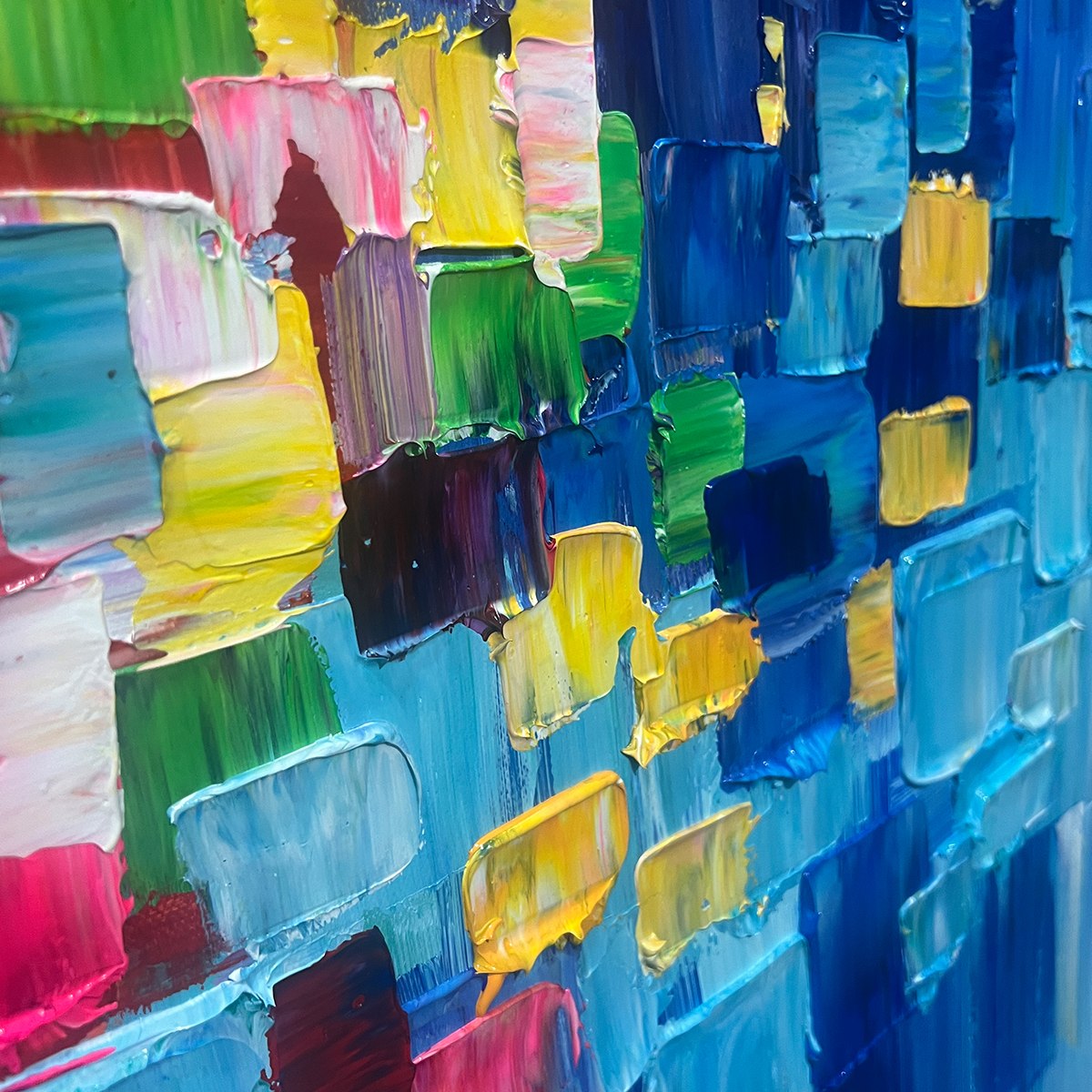 Colorful abstract canvas wall art, Urban Rhythm. A vibrant, hand-painted piece.