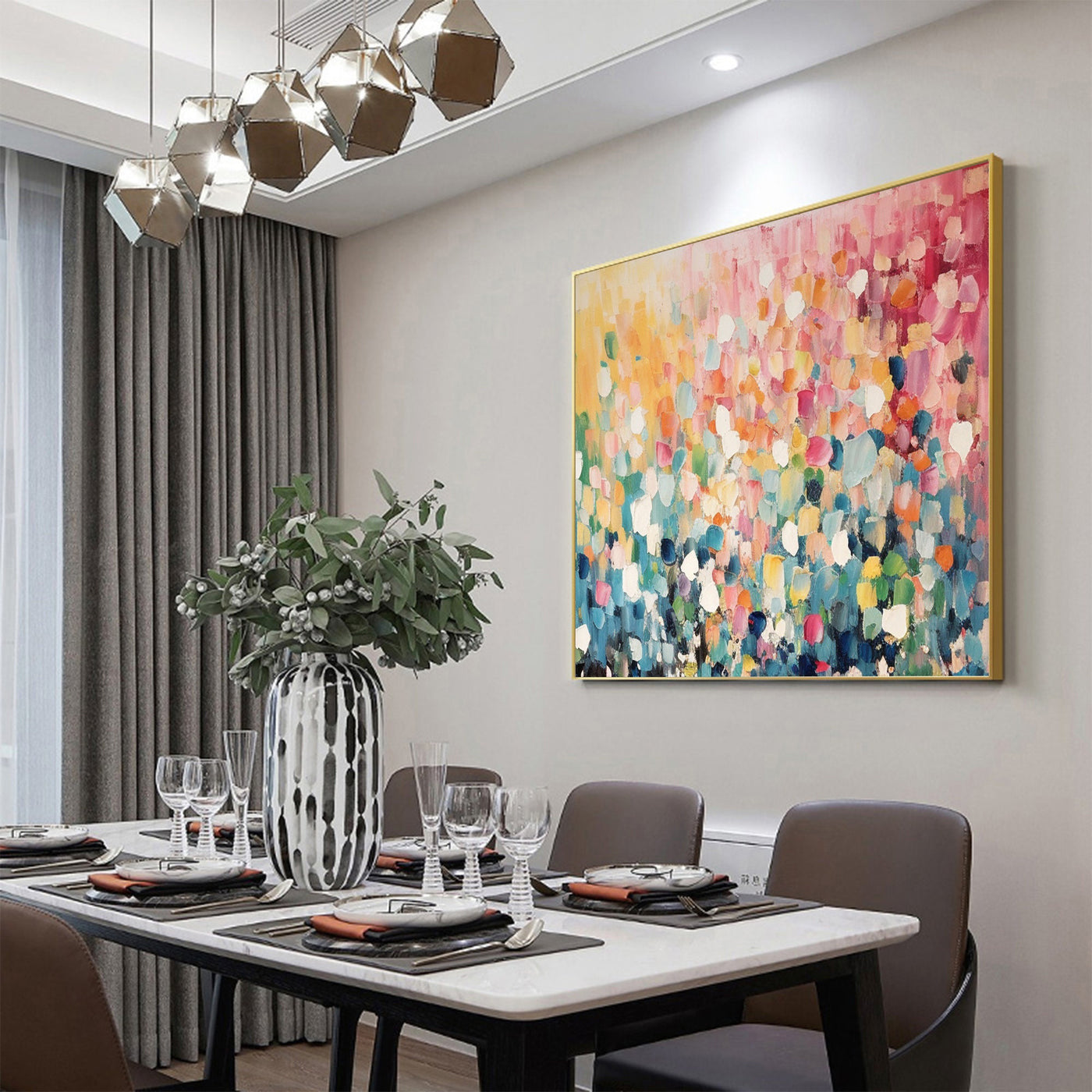 Colorful floral abstract art, square canvas design.