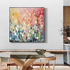 Hand-painted flower art with bold brushstrokes in a modern dining room.