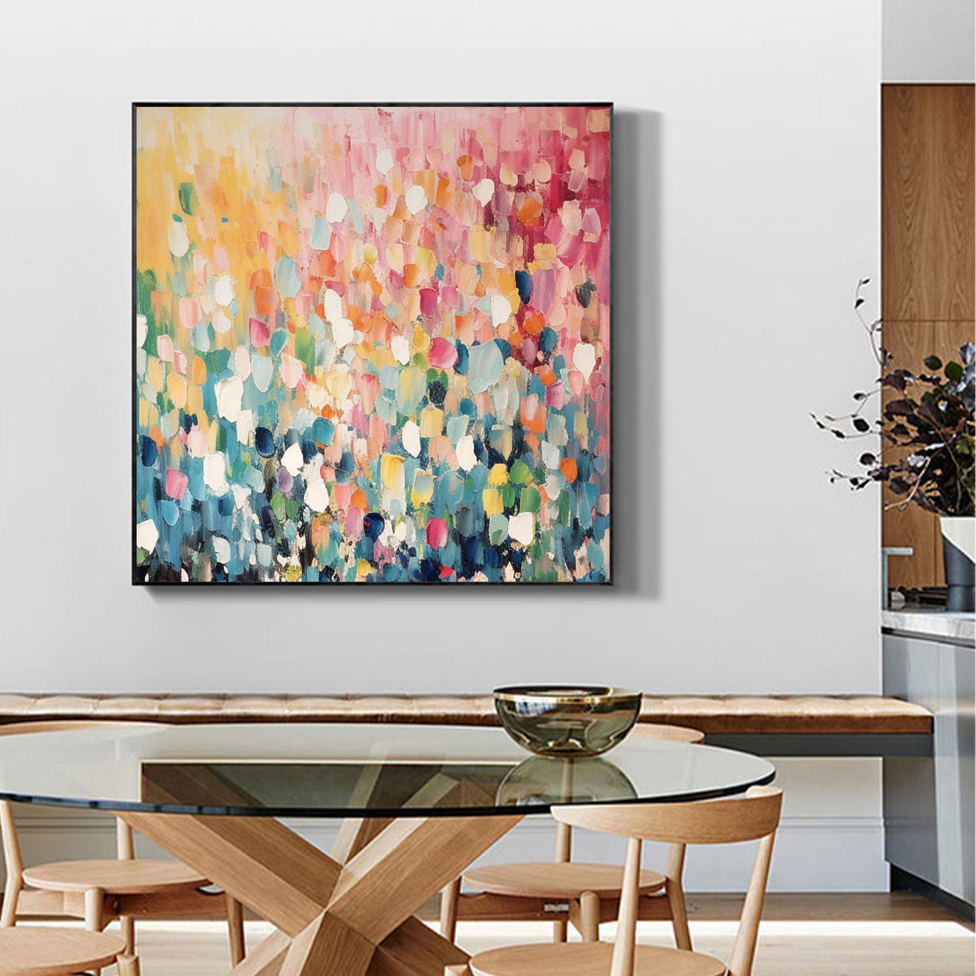 Hand-painted flower art with bold brushstrokes in a modern dining room.