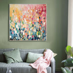 Vibrant abstract floral wall art with a mix of colors.