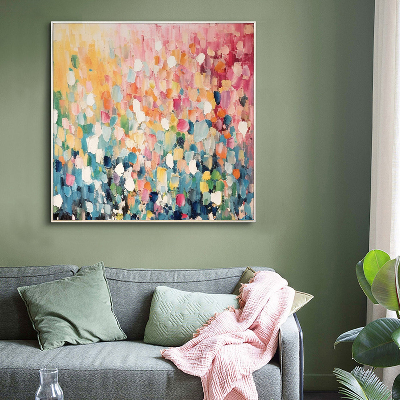 Vibrant abstract floral wall art with a mix of colors.