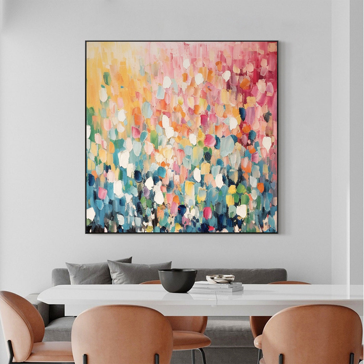 Abstract floral canvas art in a bright and colorful style.