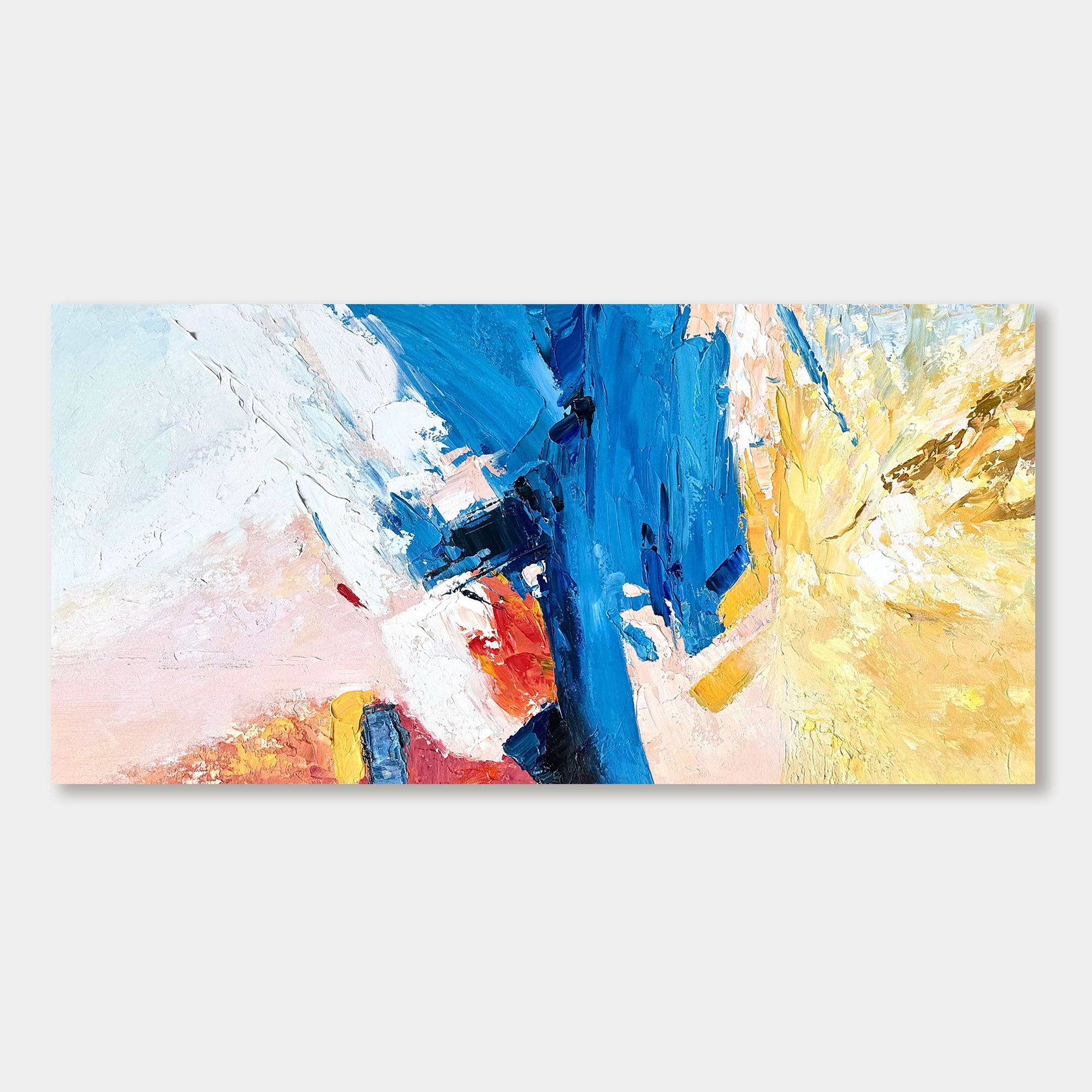 Colorful abstract art with blue, yellow, and pink strokes.