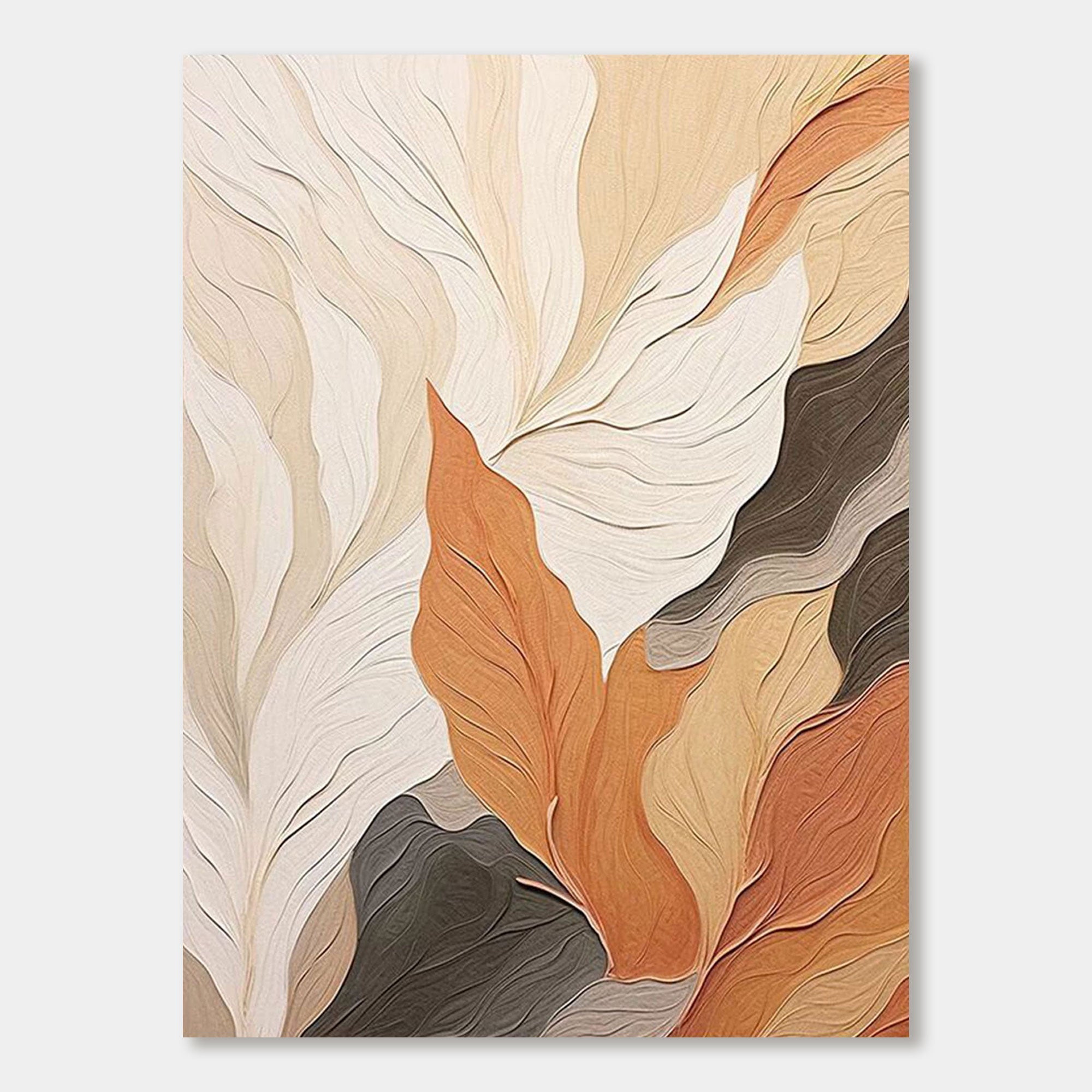 Vertical abstract botanical painting in cream white and caramel tones, hand-painted with eco-friendly acrylics on museum-grade canvas, featuring soft textured leaves and minimalist composition, perfect for modern wall decor.