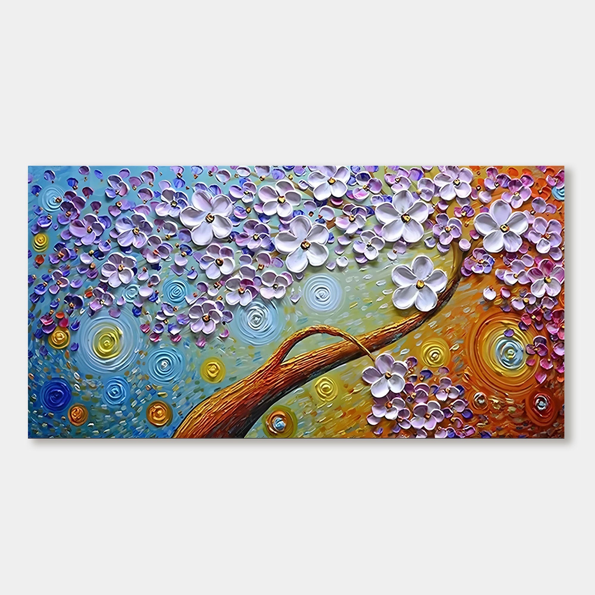 Floral Mirage canvas art, vibrant 3D textured blossoms in blue, orange, and gold.