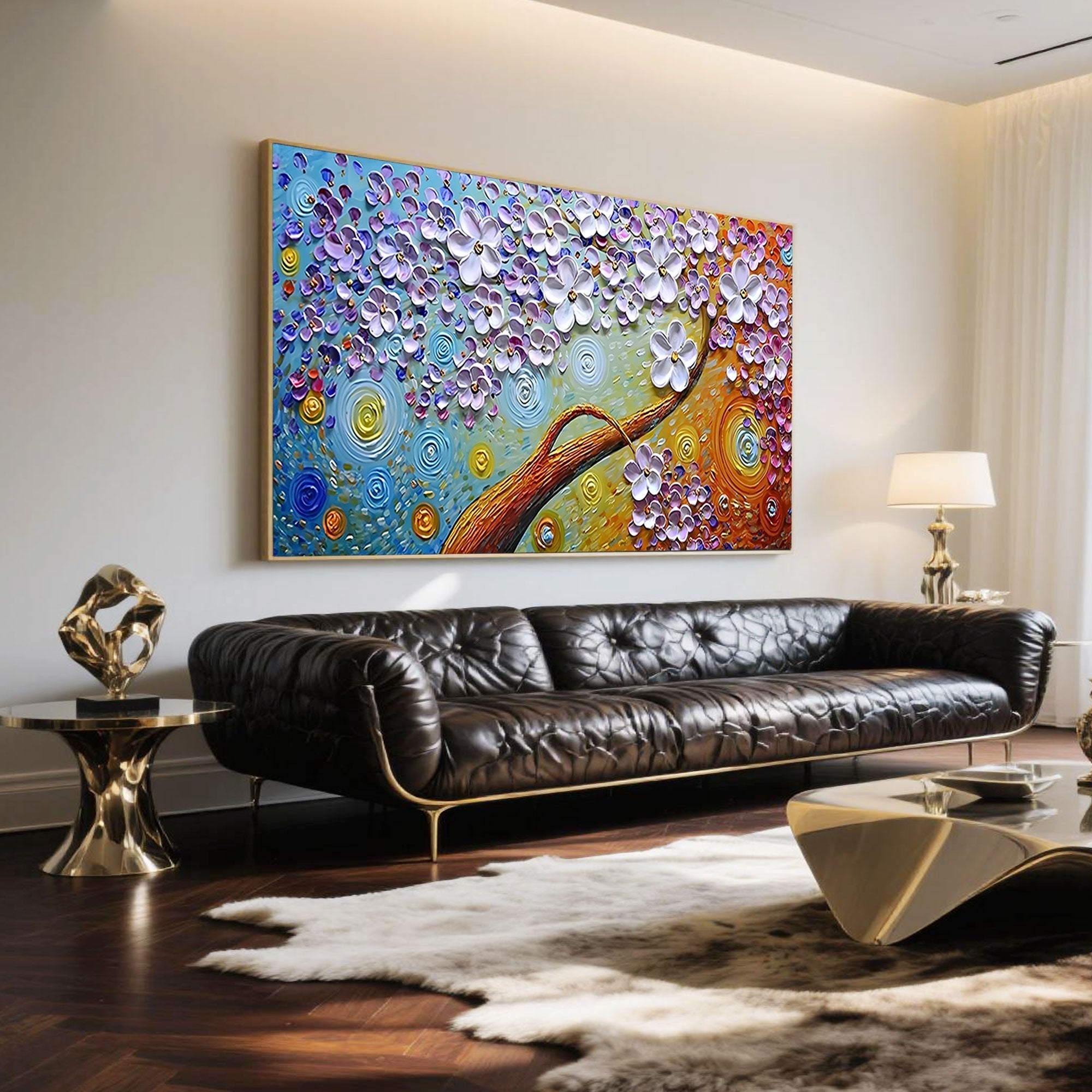 Cozy beige living room enhanced by Floral Mirage's 3D blue and orange blossoms.