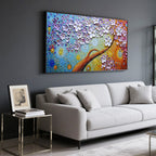 Floral Mirage canvas art, vibrant 3D textured blossoms in blue, orange, and gold.