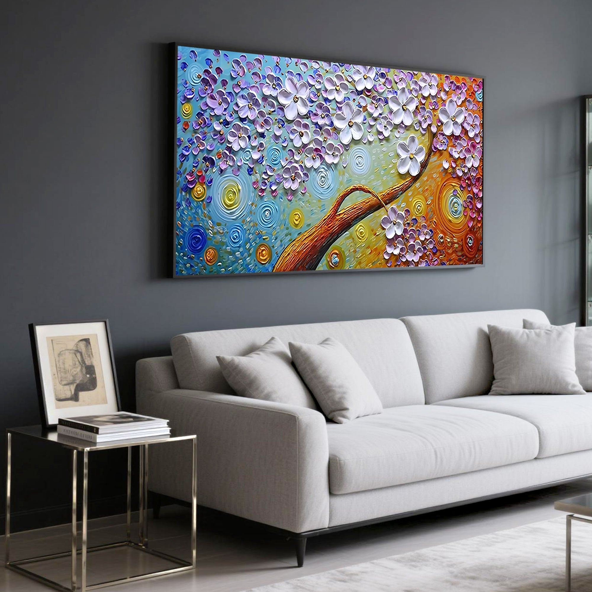 Floral Mirage canvas art, vibrant 3D textured blossoms in blue, orange, and gold.