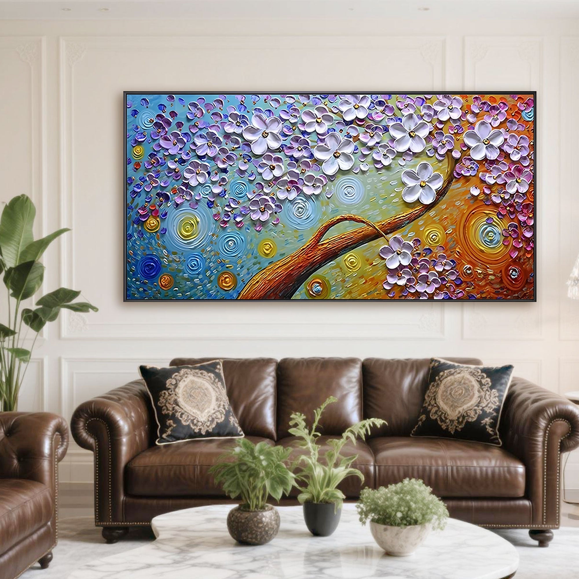Elegant space featuring Floral Mirage canvas art with leather furniture.