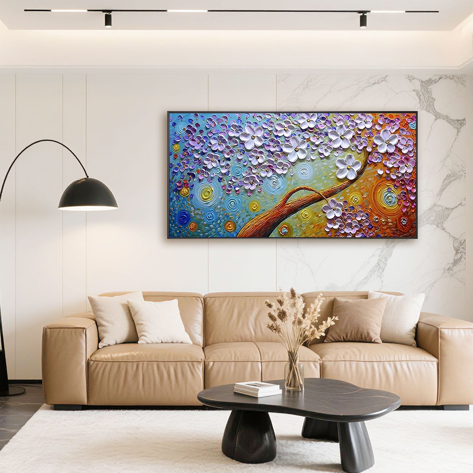 Floral Mirage canvas art, vibrant 3D textured blossoms in blue, orange, and gold.