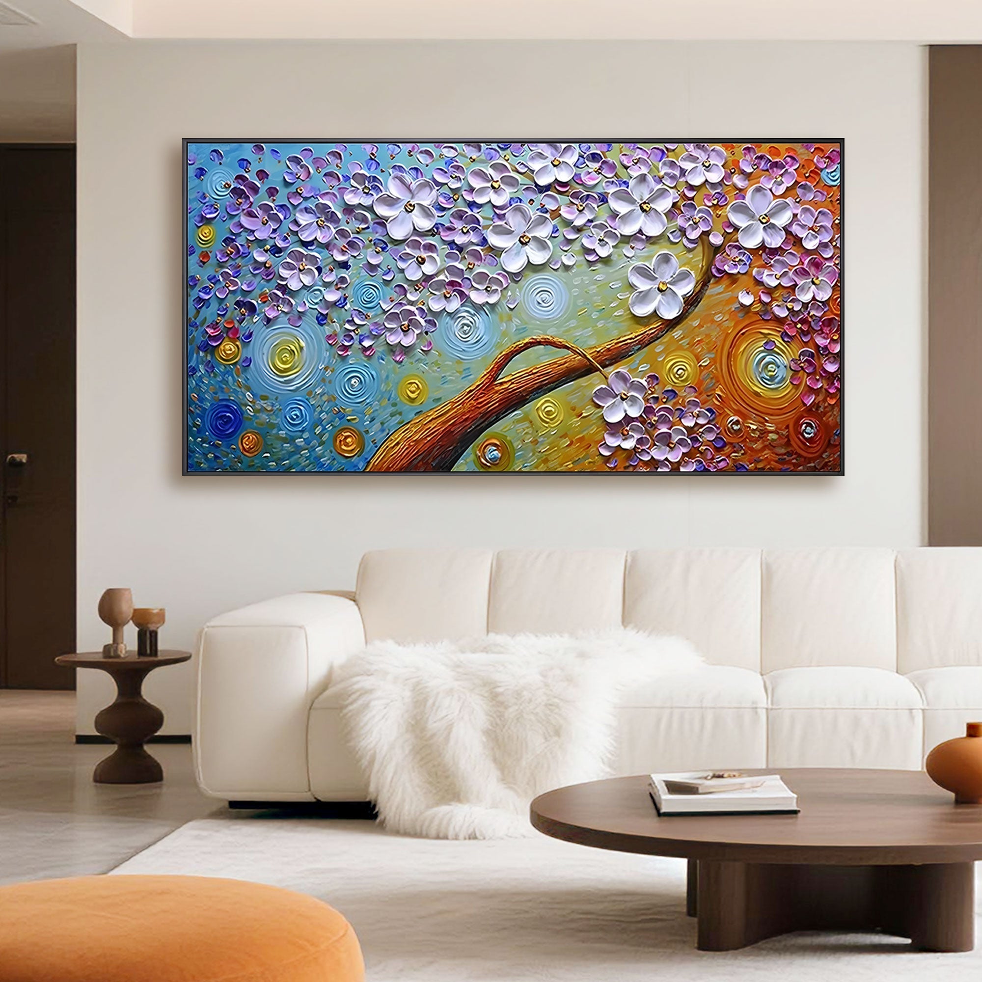 Minimalist room with Floral Mirage canvas art above a white sofa.