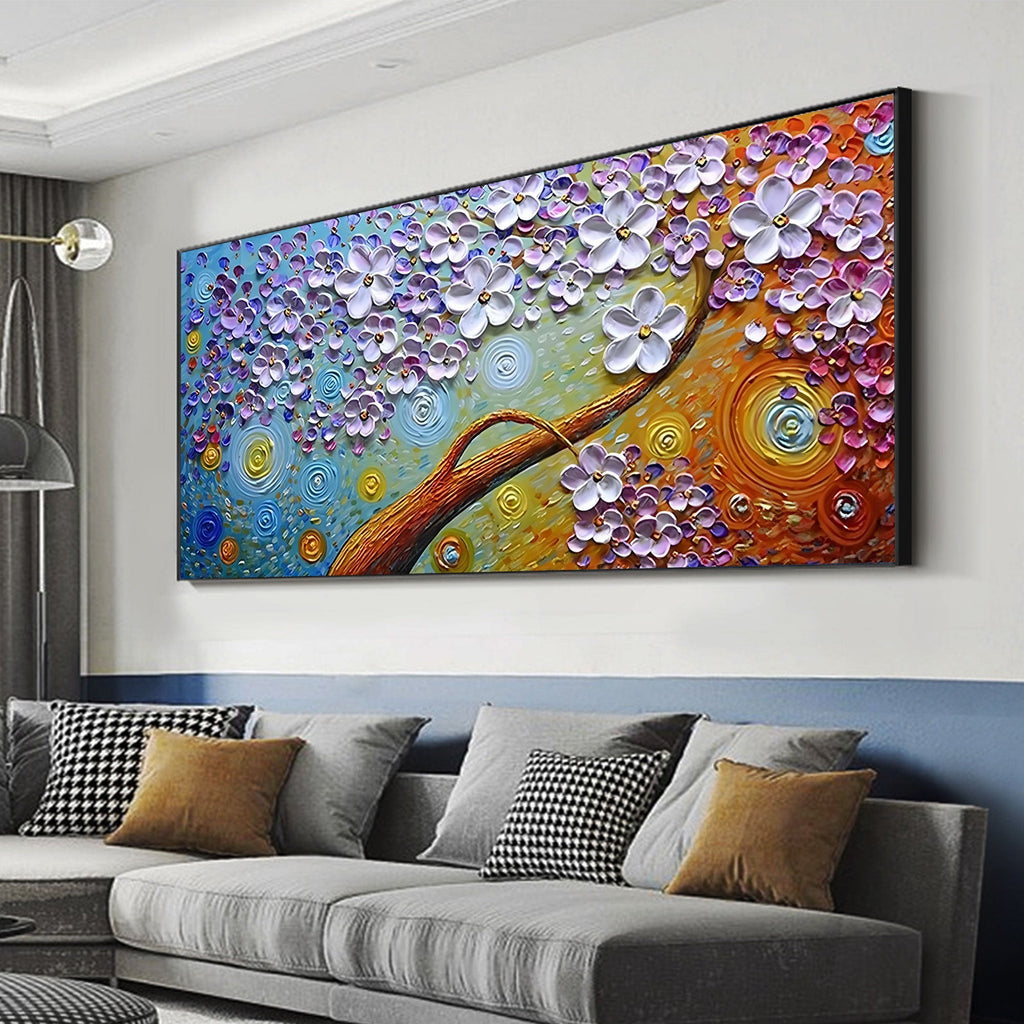 Floral Mirage colorful wall art above grey sofa in modern living room.