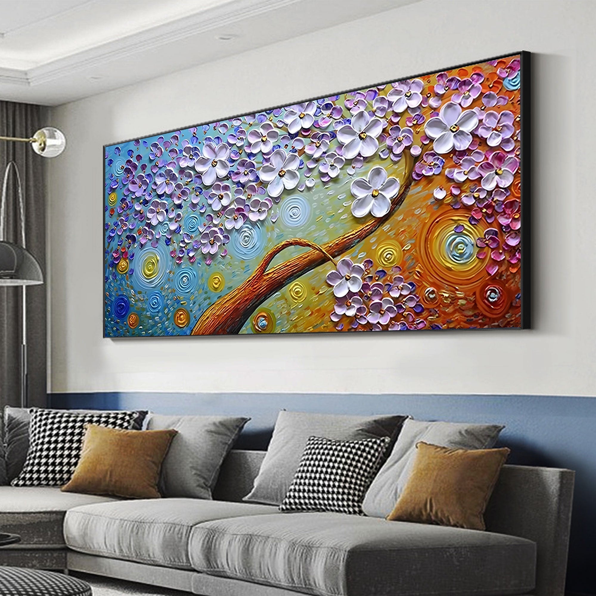 Floral Mirage colorful wall art above grey sofa in modern living room.