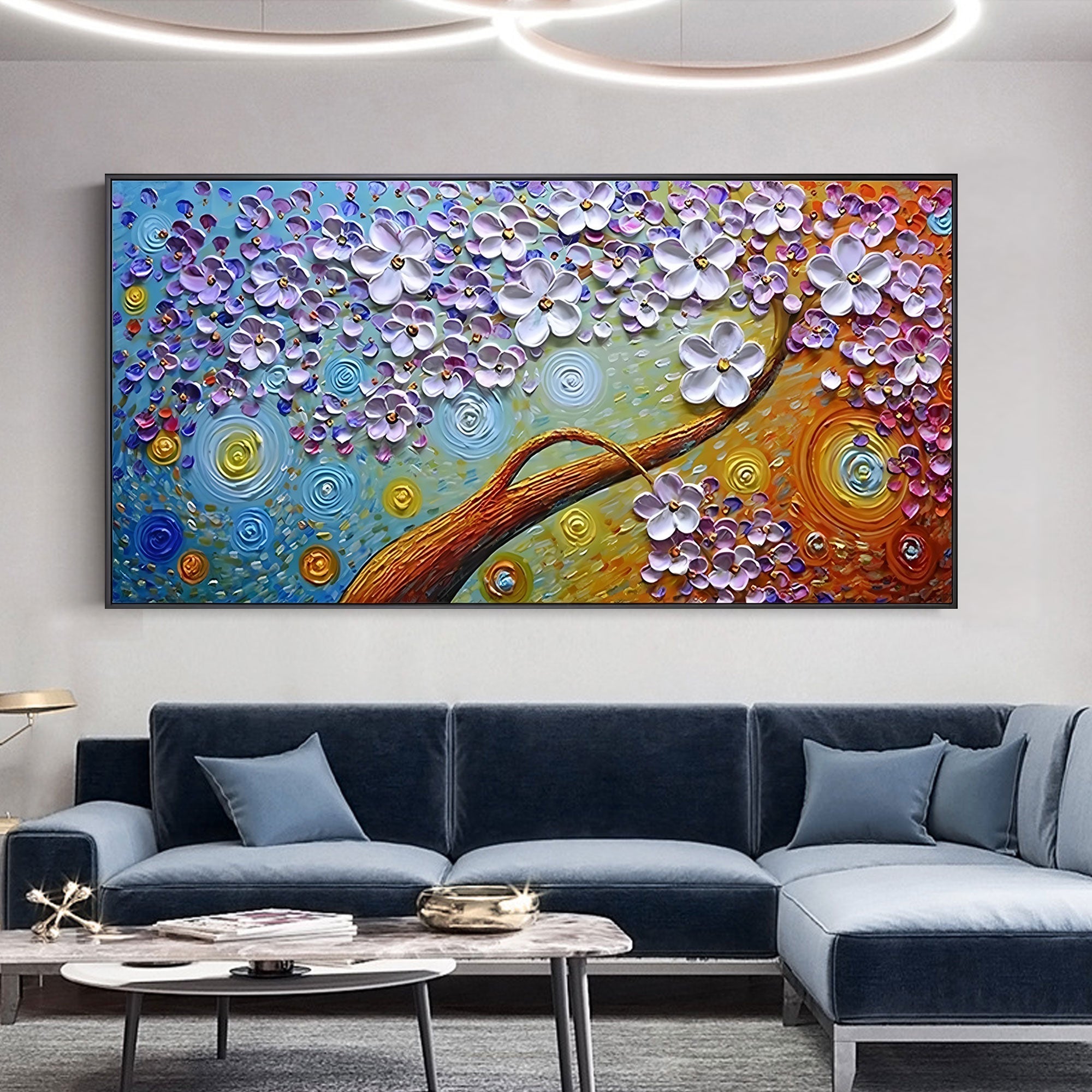 Floral Mirage canvas art, vibrant 3D textured blossoms in blue, orange, and gold.
