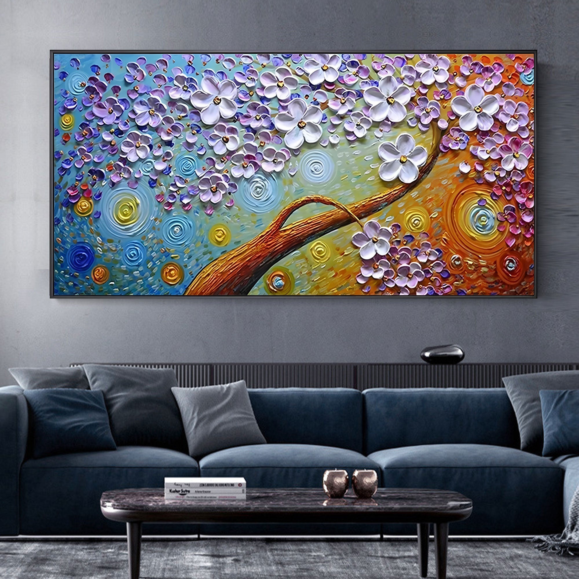 Floral Mirage canvas art above navy couch, stylish interior decor.