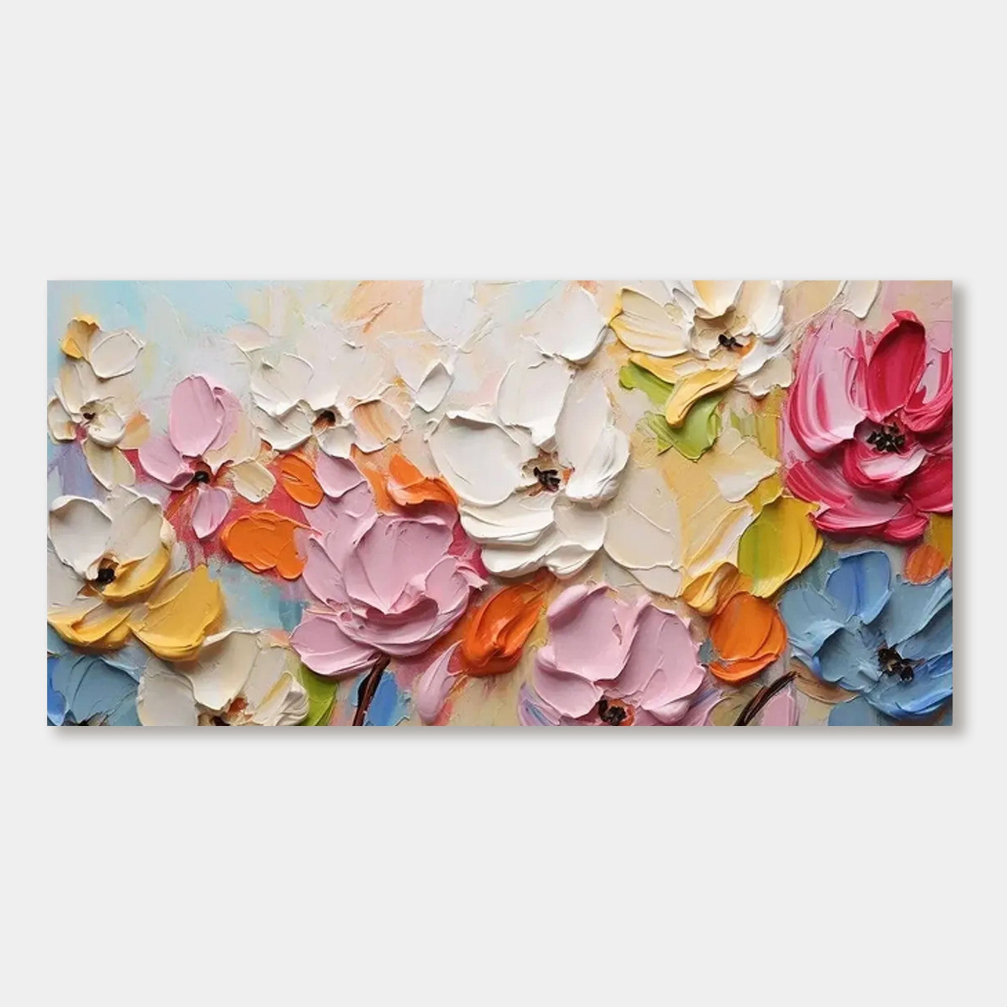 Textured floral impasto painting with white, pink, orange, blue, and yellow blooms.