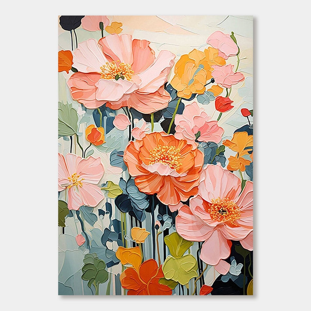 Colorful floral wall art with pink, orange, and green hand-painted flowers.