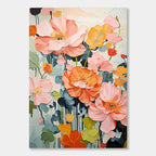 Colorful floral wall art with pink, orange, and green hand-painted flowers.