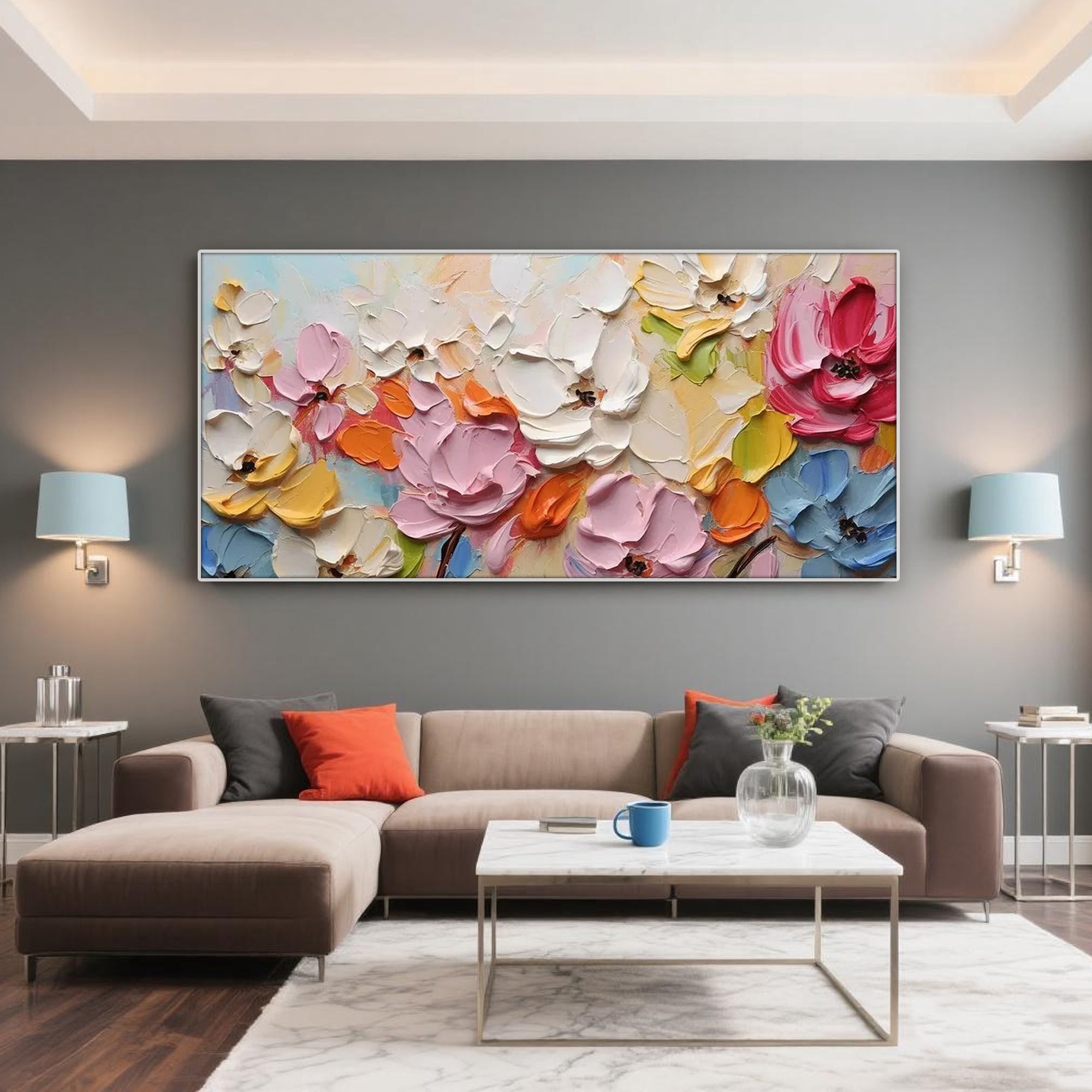 Colorful floral canvas art above a sofa in a modern living room setting.