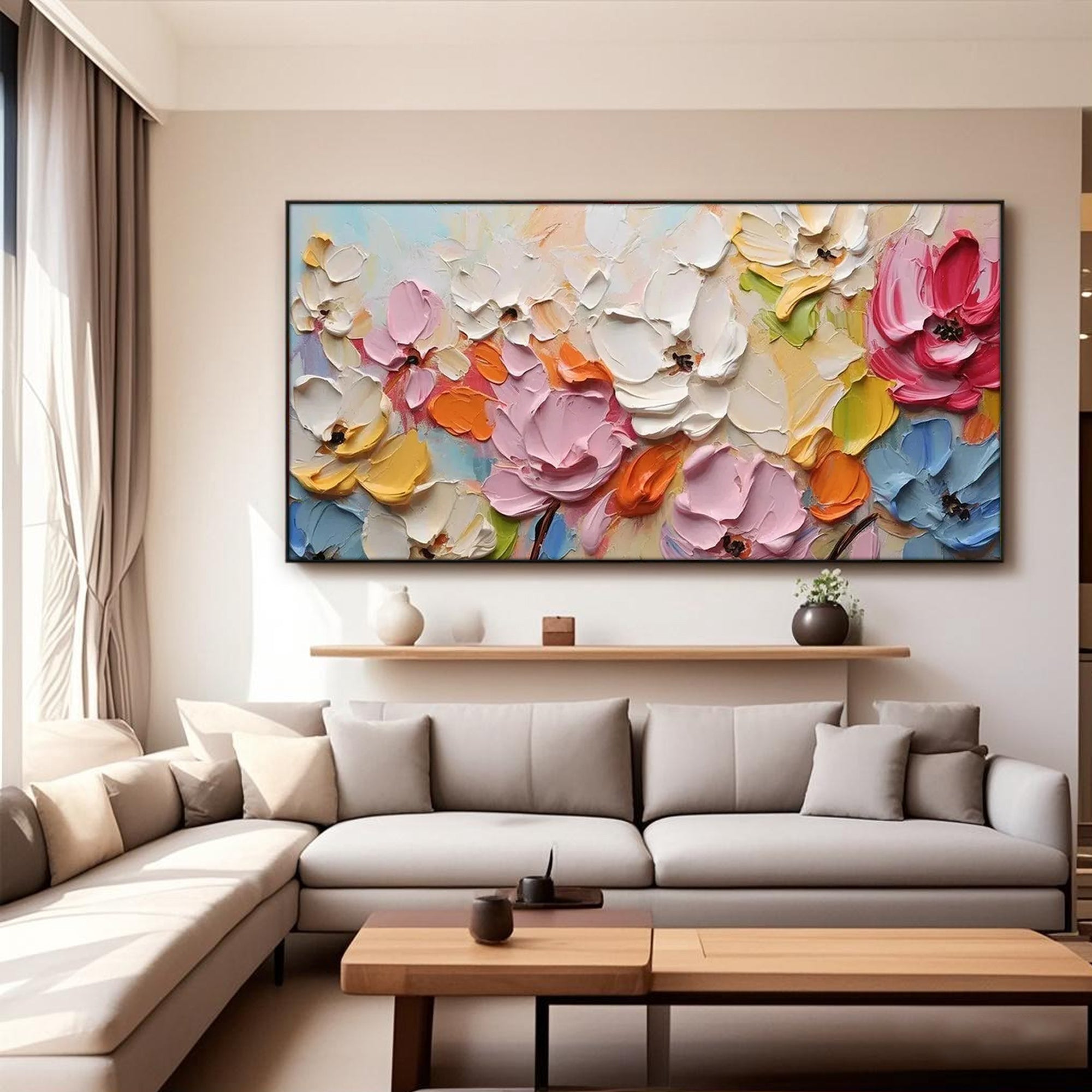 Contemporary living room featuring the 'Petal Chorus' floral canvas wall art.