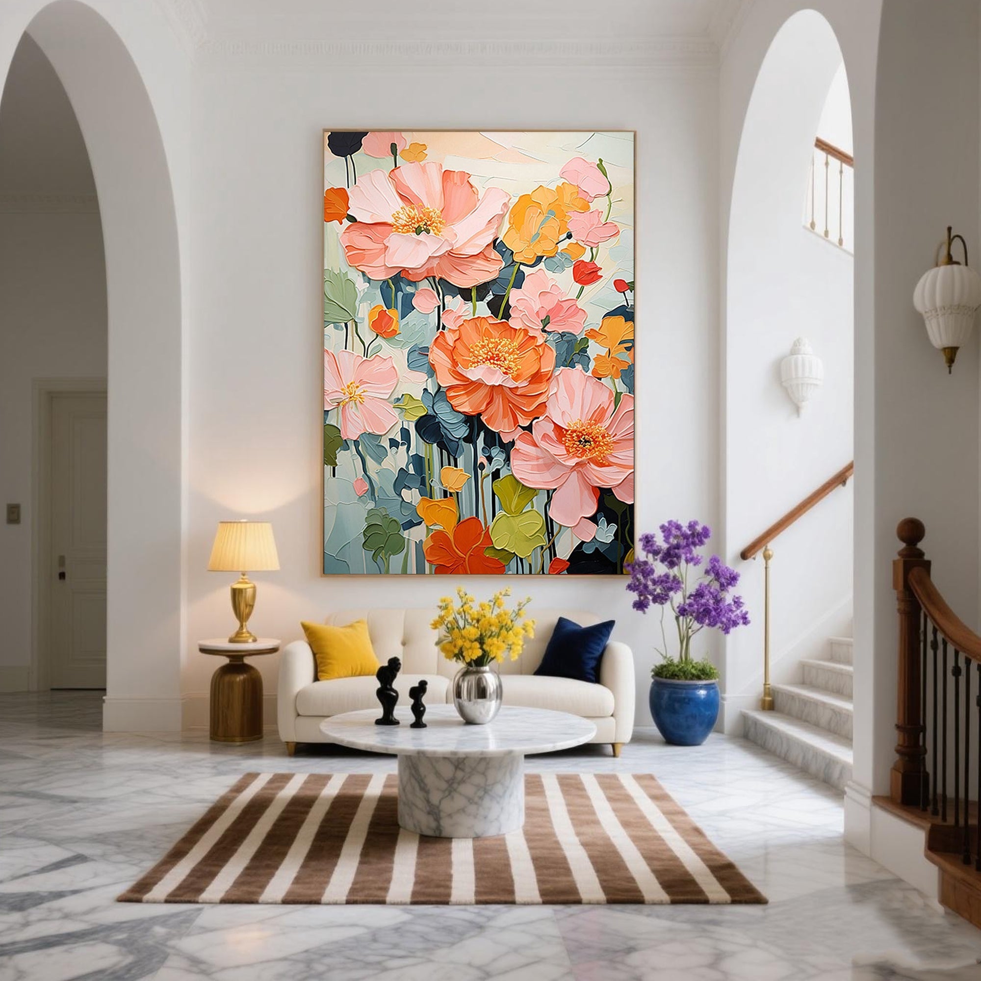 Colorful floral wall art close up.